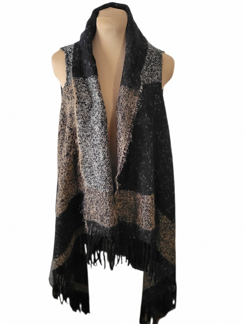 Vera Wang Black & Taupe Fringed Open-Front Long Vest